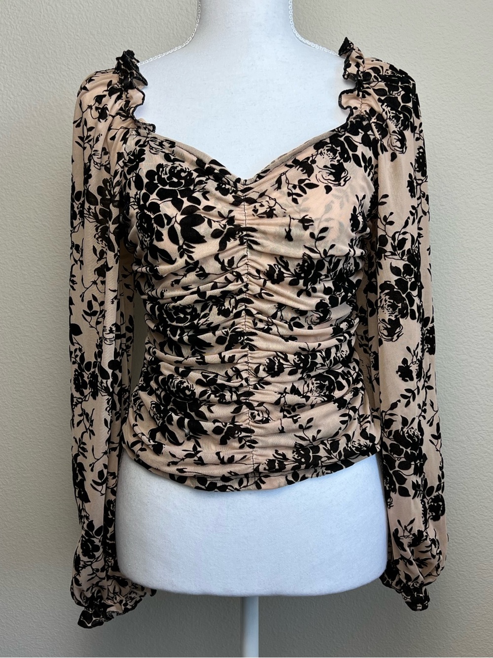 Coquette Floral Mesh Ruched Top Romantic Balletcore Fairycore Soft Goth‎ Floral